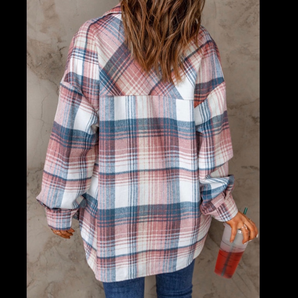 Pink plaid shirt overshirt jacket button up with pockets - Picture 14 of 14